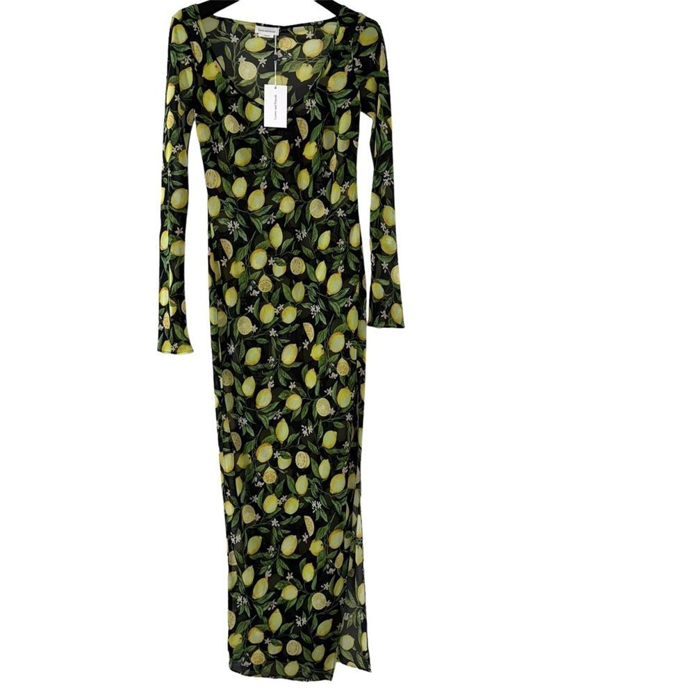 Lovers & Friends Citrina Midi Sheer Dress Lemon Floral Print Small black yellow